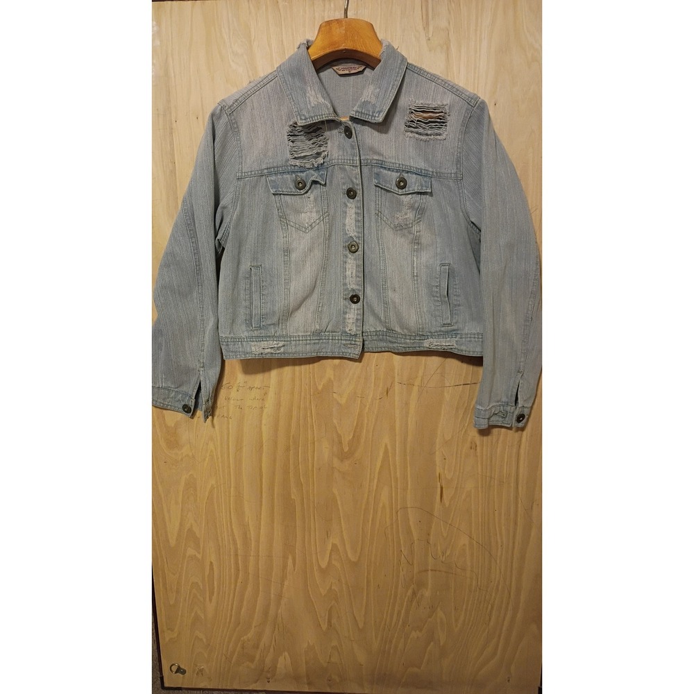 Highway Jeans Distressed Denim Jacket Light Wash Cropped Trucker 1X Y2K Fashion.
